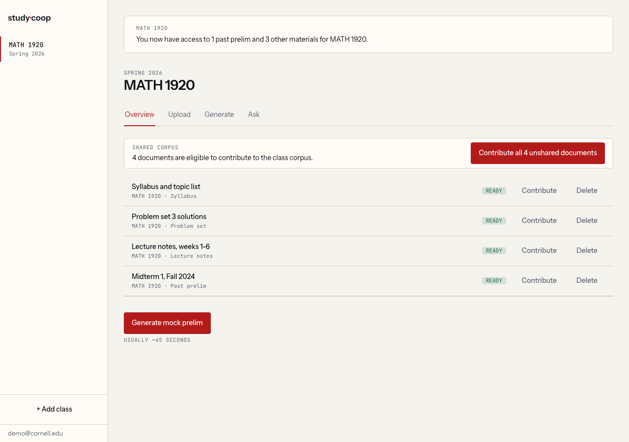 A StudyCoop class page for MATH 1920 with past exams, lecture notes, problem sets, and a syllabus ready, and a button to generate a practice exam.